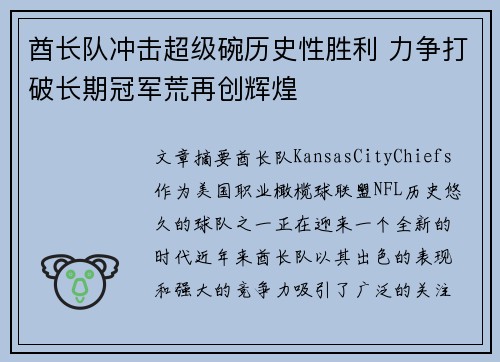 酋长队冲击超级碗历史性胜利 力争打破长期冠军荒再创辉煌
