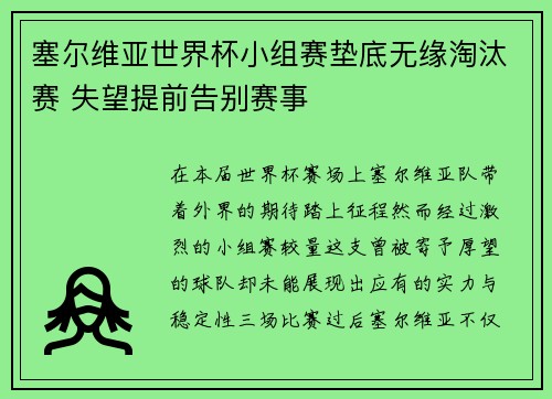 塞尔维亚世界杯小组赛垫底无缘淘汰赛 失望提前告别赛事